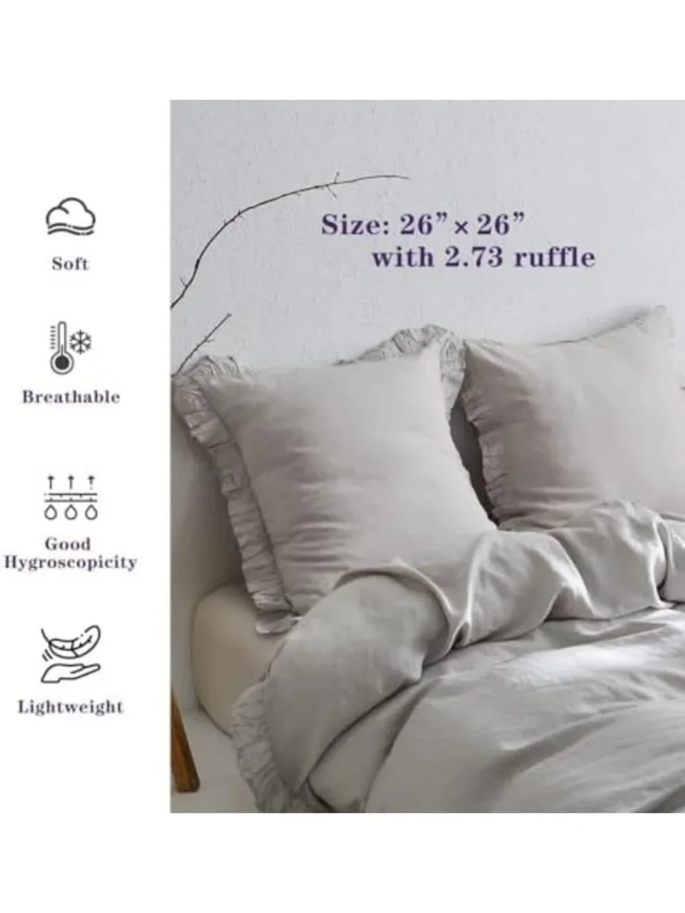 Linen Euro Sham Covers Set of 2, Ruffle 26x26 Inch Pillow Shams for Luxury Decor